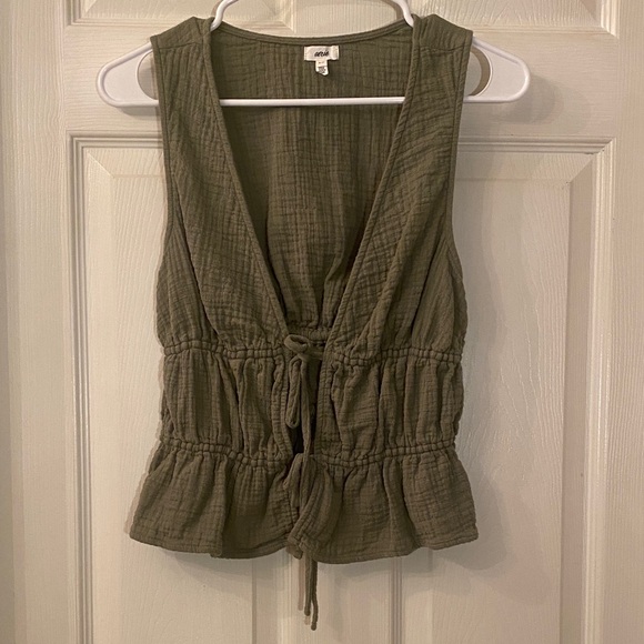Aerie Olive Sleeveless Drawstring Blouse - Picture 3 of 13